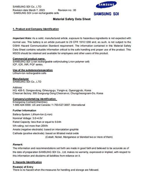 samsung battery msds